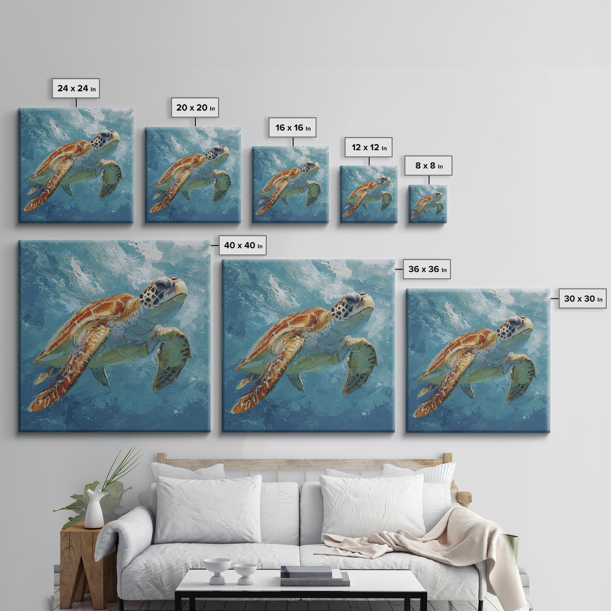 Sea Turtle Drifting Through Luminous Blue Water Canvas Print, Animal Art, Digital Print, Living Room Decor, Fine Art, Creature, ANI-1x1-18
