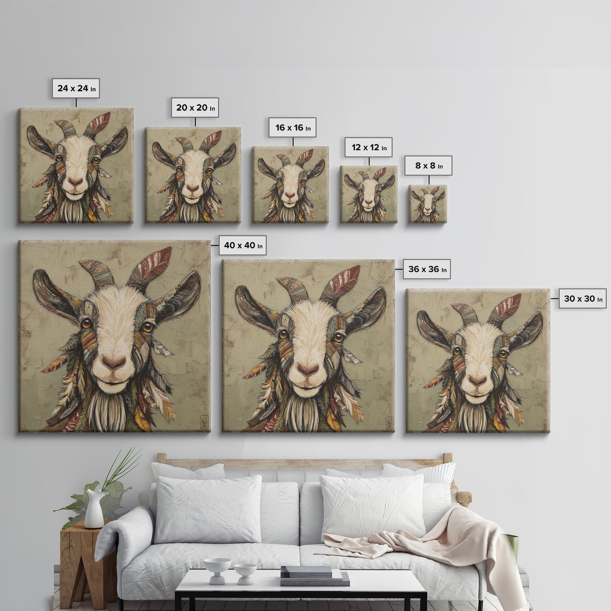 Goat Portrait with Rustic Folk Art Personality Framed Canvas Print, Animal Art, Cat Art, Living Room Decor, Fine Art, Creature, ANI-1x1-21