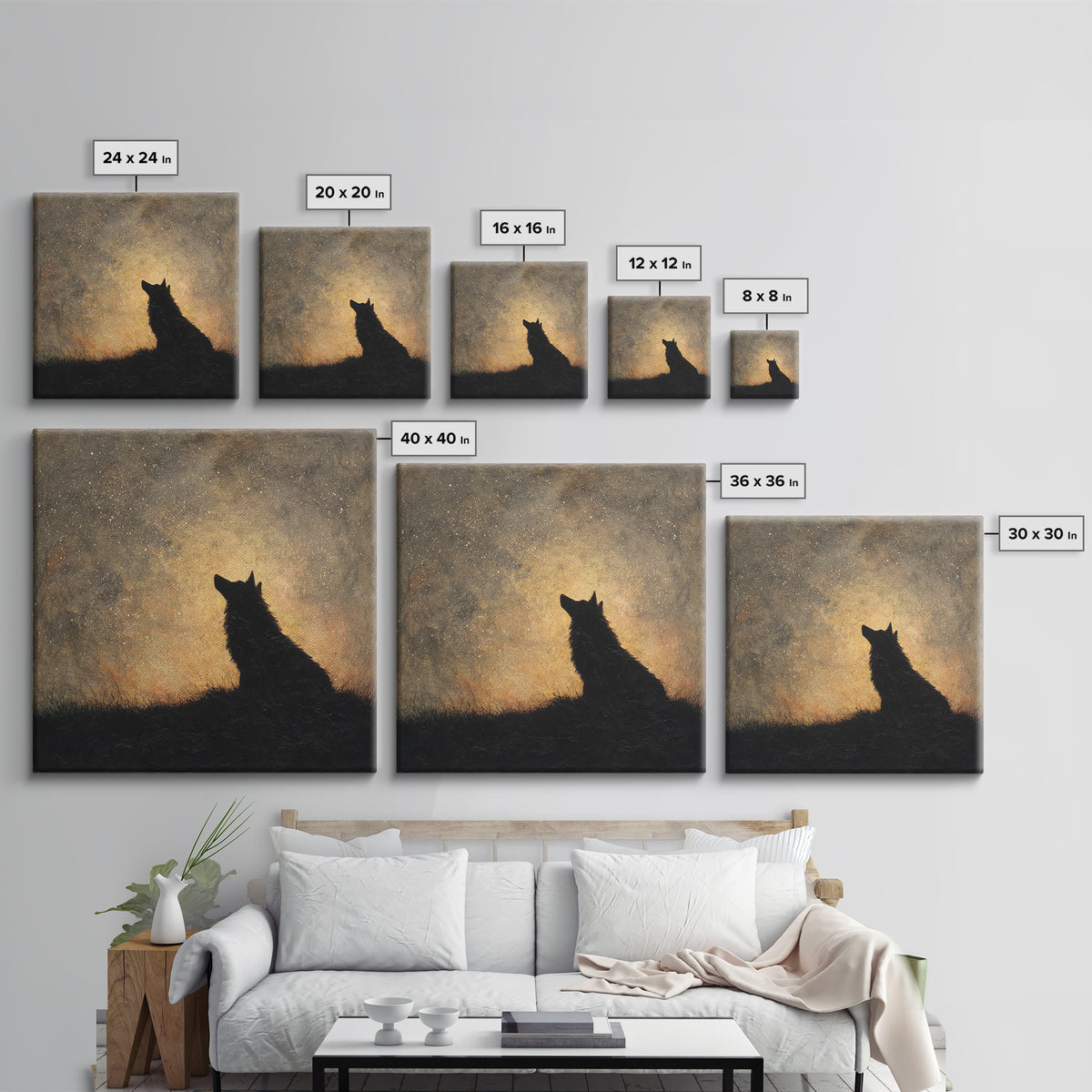 Wolf Silhouette Beneath a Star Filled Sky Canvas Print, Animal Art, Printable Art, Living Room Decor, Oil Painting, Creature, ANI-1x1-22