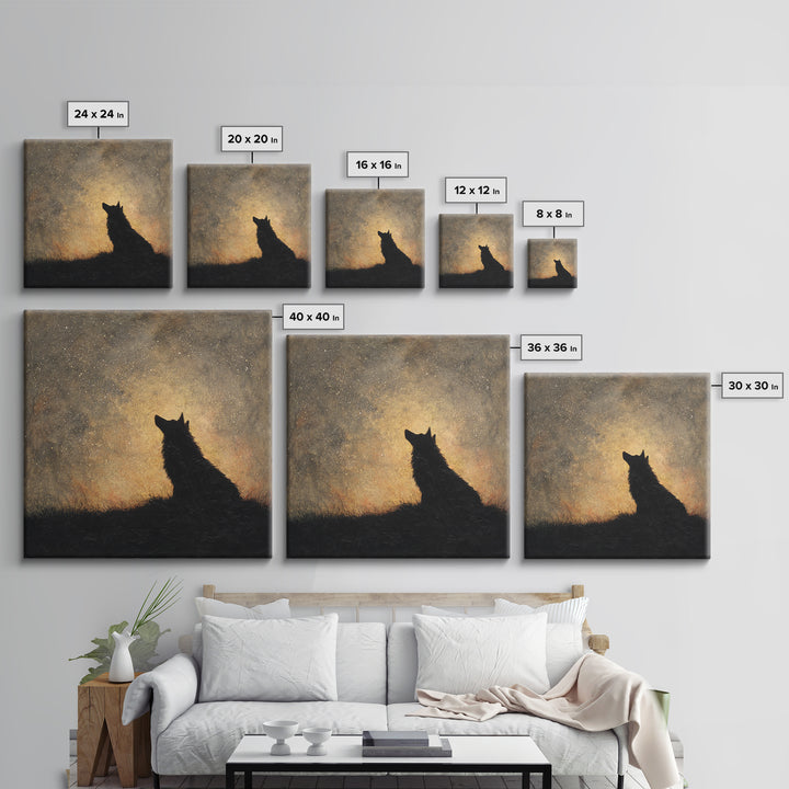 Wolf Silhouette Beneath a Star Filled Sky Canvas Print, Animal Art, Printable Art, Living Room Decor, Oil Painting, Creature, ANI-1x1-22