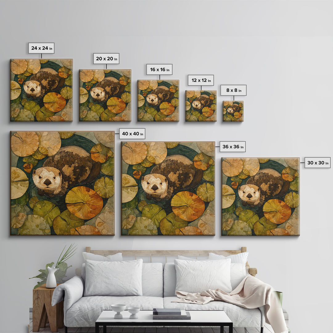 Playful Otter Floating Among Lily Pads Framed Canvas Print, Animal Art, Gallery Decor, Living Room Decor, Fine Art, Creature, ANI-1x1-32