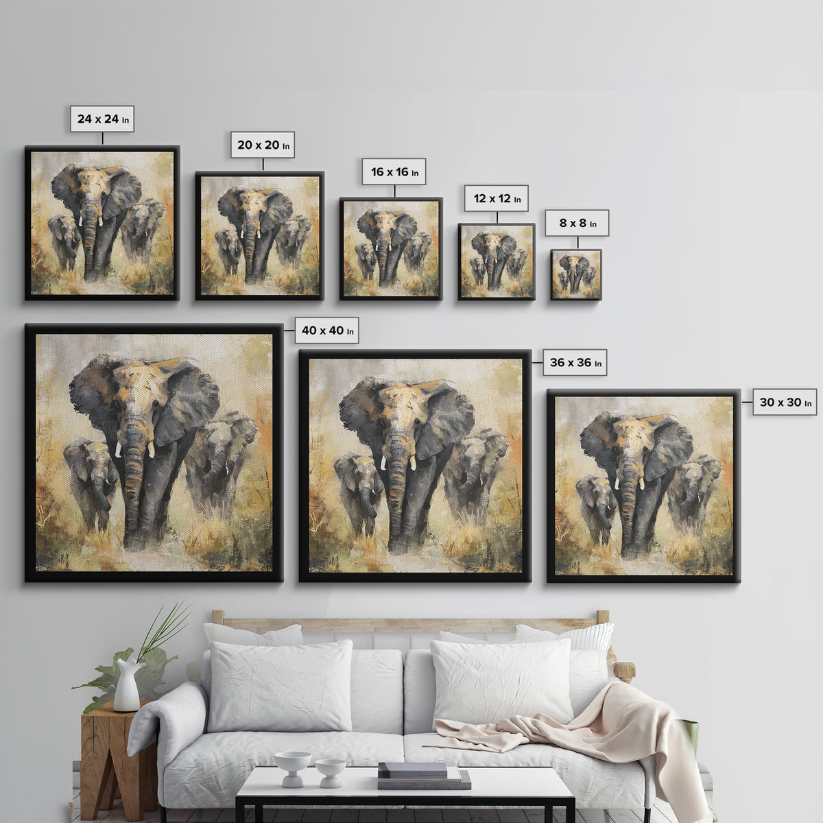 Elephant Family Walking Through Dusty Golden Light Canvas Print, Animal Art, Safari Nursery Decor, Living Room Decor, Creature, ANI-1x1-38