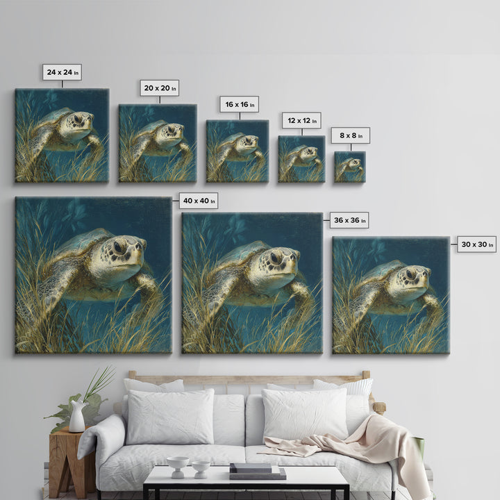 Sea Turtle Drifting Through Luminous Blue Water Canvas Print, Animal Art, Boho Wall Art, Living Room Decor, Creature, ANI-1x1-42