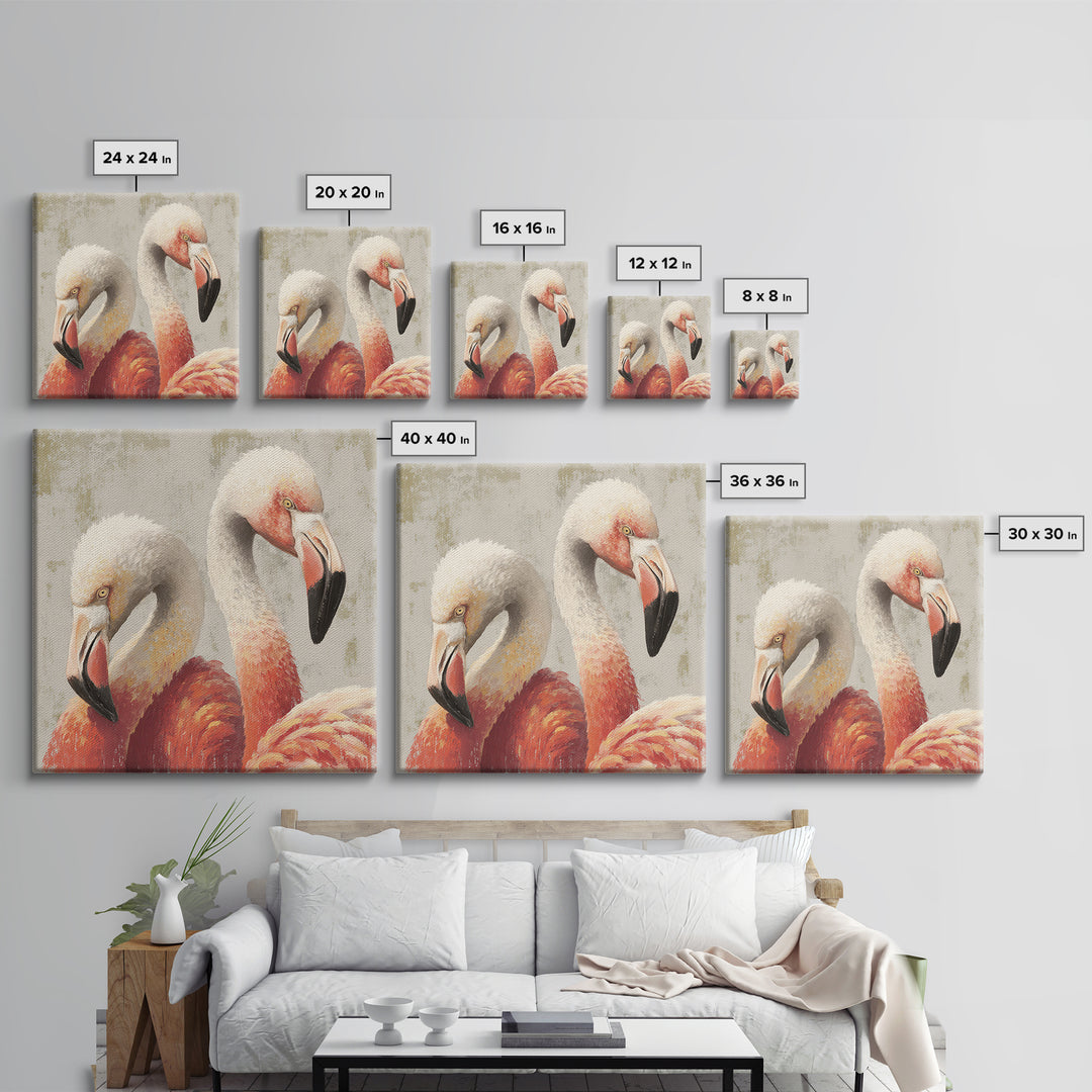 Flamingo Pair in Elegant Coral and Cream Framed Canvas Print, Animal Art, Farmhouse Decor, Living Room Decor, Oil Painting, ANI-1x1-43