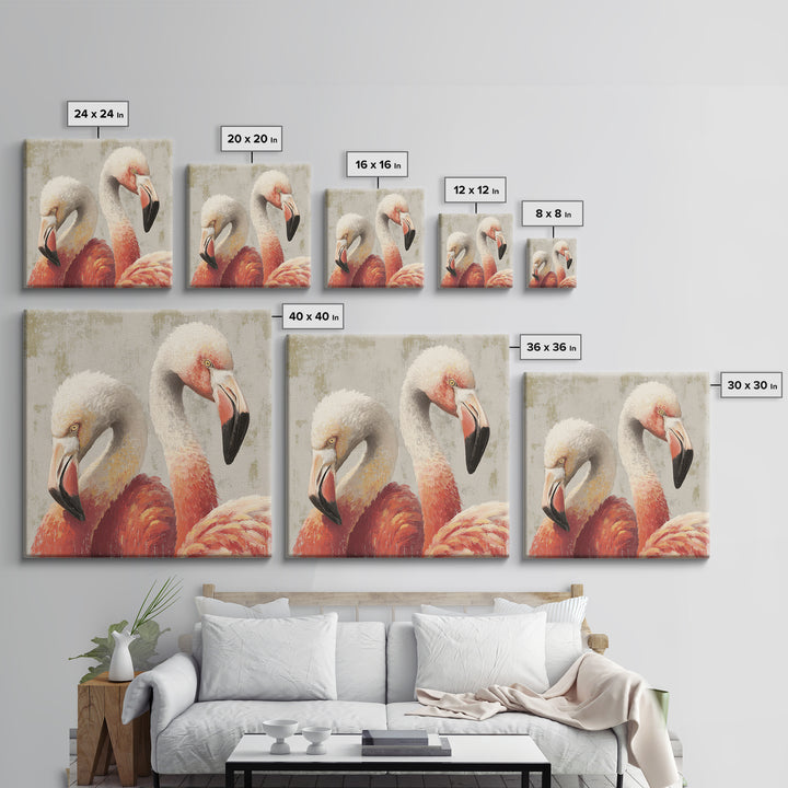 Flamingo Pair in Elegant Coral and Cream Framed Canvas Print, Animal Art, Farmhouse Decor, Living Room Decor, Oil Painting, ANI-1x1-43