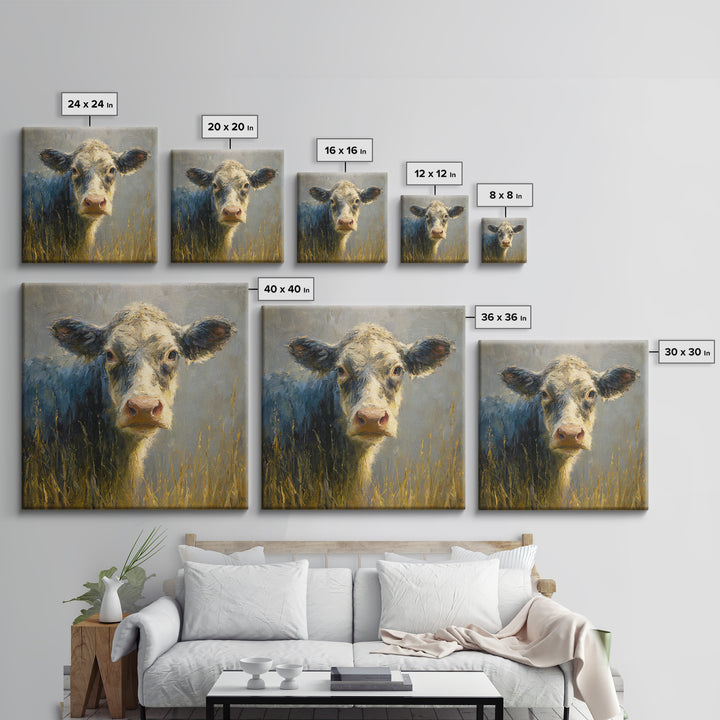 Gentle Cow Portrait Canvas Print, Animal Art, Trendy Wall Art, Living Room Decor, Fine Art, Creature, Textured Painting, ANI-1x1-55