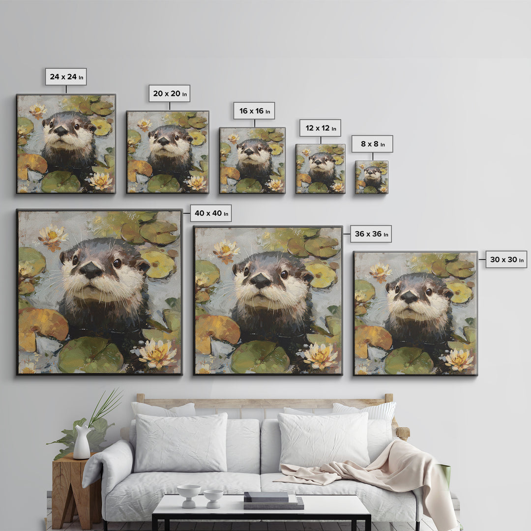 Playful Otter Floating Among Lily Pads Framed Canvas Print, Animal Art, Original Painting, Living Room Decor, Creature, ANI-1x1-56