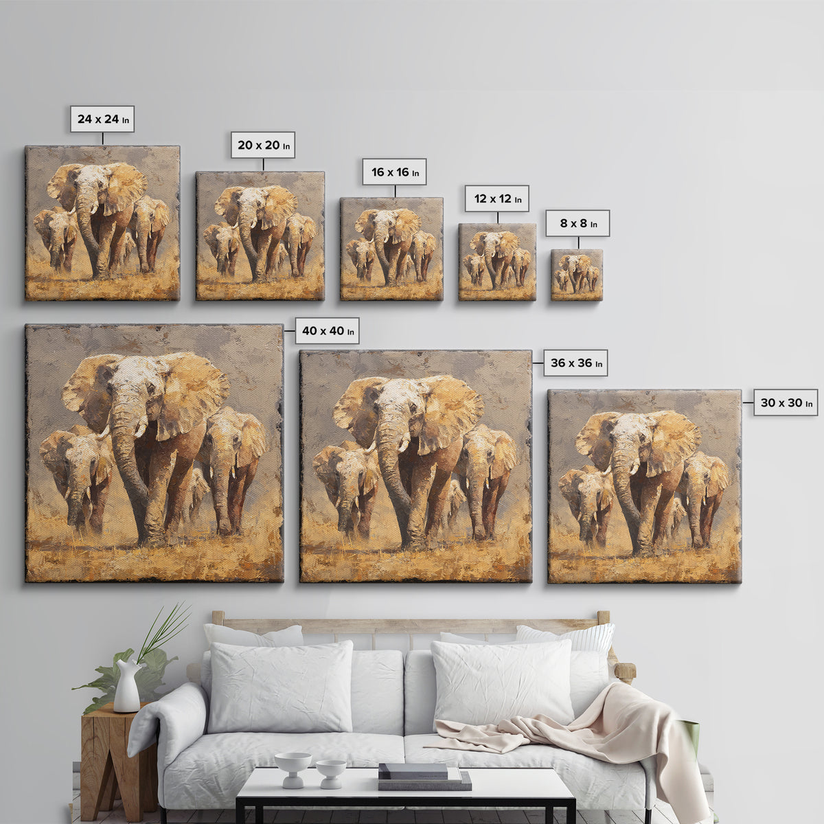 Elephant Family Walking Through Dusty Golden Light Canvas Print, Animal Art, Safari Nursery Decor, Living Room Decor, Creature, ANI-1x1-62