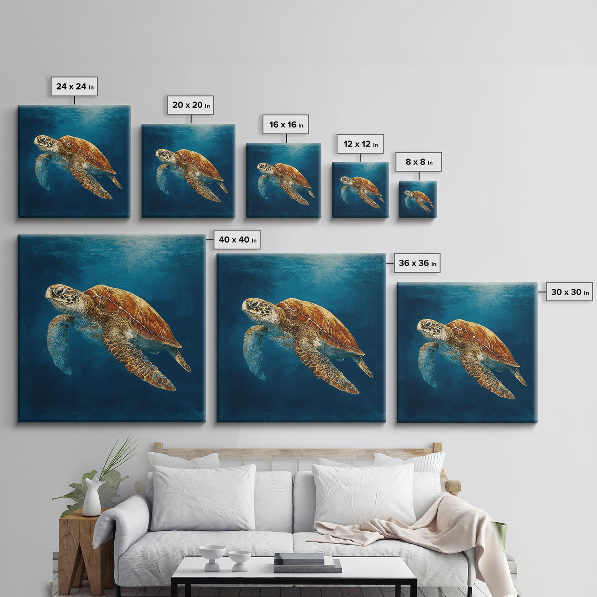 Sea Turtle Drifting Through Luminous Blue Water Canvas Print, Animal Art, Boho Wall Art, Living Room Decor, Creature, ANI-1x1-66