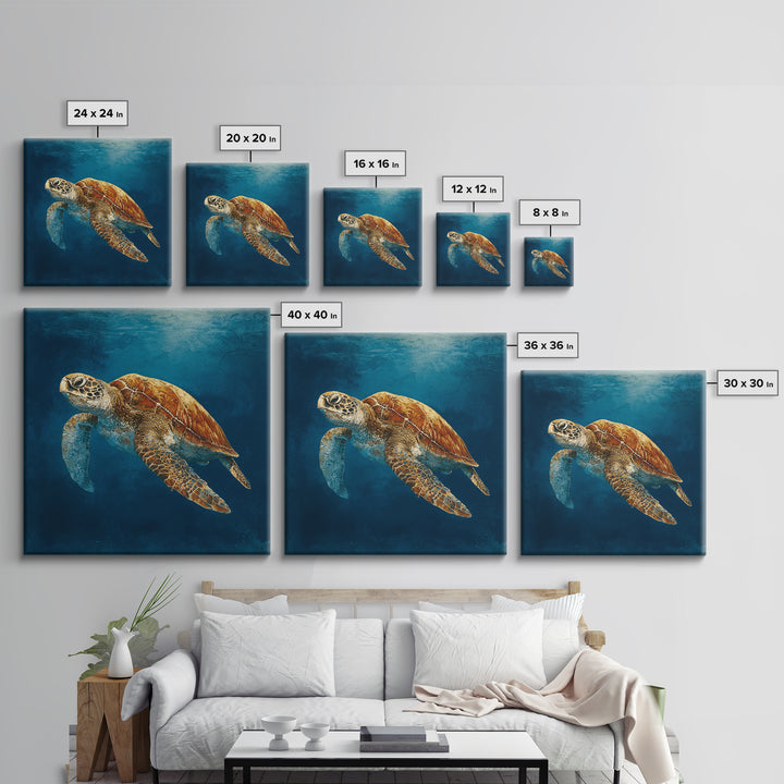 Sea Turtle Drifting Through Luminous Blue Water Canvas Print, Animal Art, Boho Wall Art, Living Room Decor, Creature, ANI-1x1-66