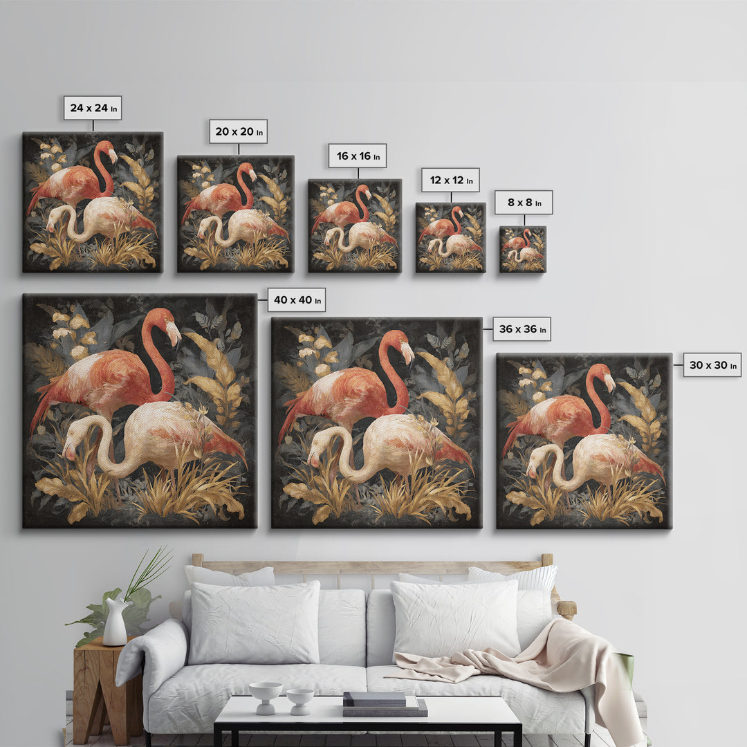 Flamingo Pair in Elegant Coral and Cream Framed Canvas Print, Animal Art, Gallery Decor, Living Room Decor, Fine Art, Creature, ANI-1x1-67