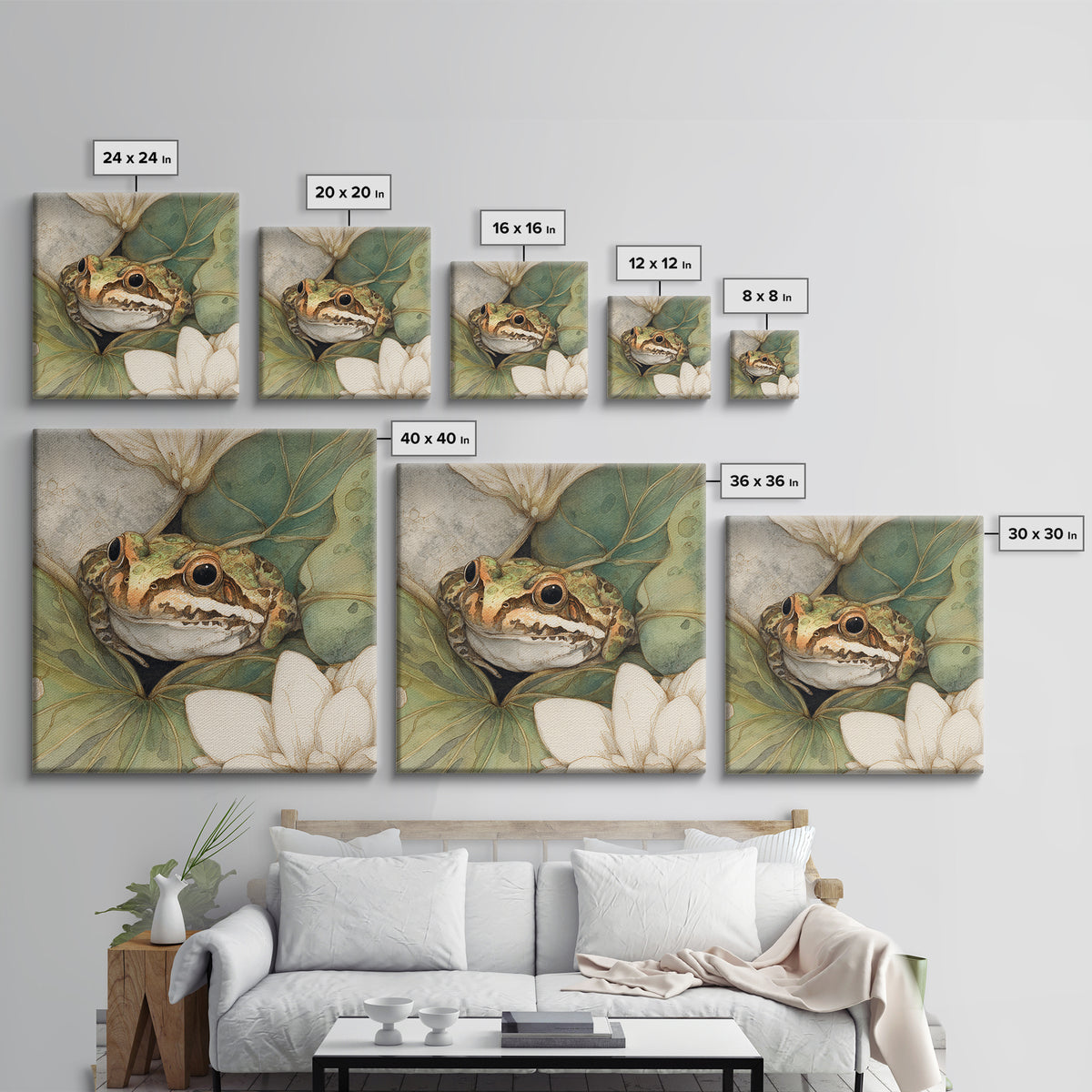 Frog on a Lotus Leaf Framed Canvas Print, Animal Art, Boho Wall Art, Living Room Decor, Oil Painting, Creature, ANI-1x1-68