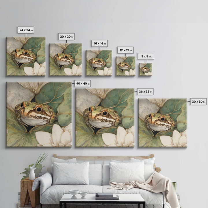 Frog on a Lotus Leaf Framed Canvas Print, Animal Art, Boho Wall Art, Living Room Decor, Oil Painting, Creature, ANI-1x1-68