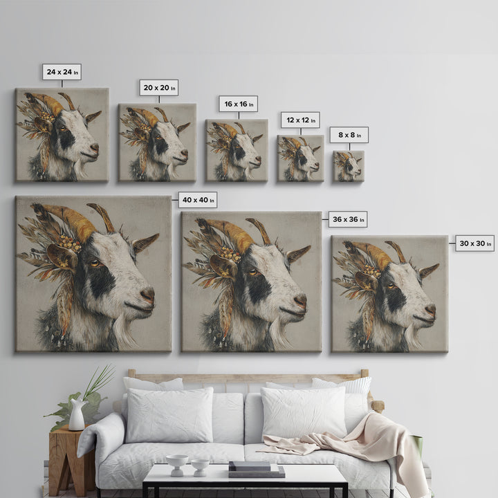 Goat Portrait with Rustic Folk Art Personality Canvas Print, Animal Art, Neutral Decor, Living Room Decor, Fine Art, Creature, ANI-1x1-69