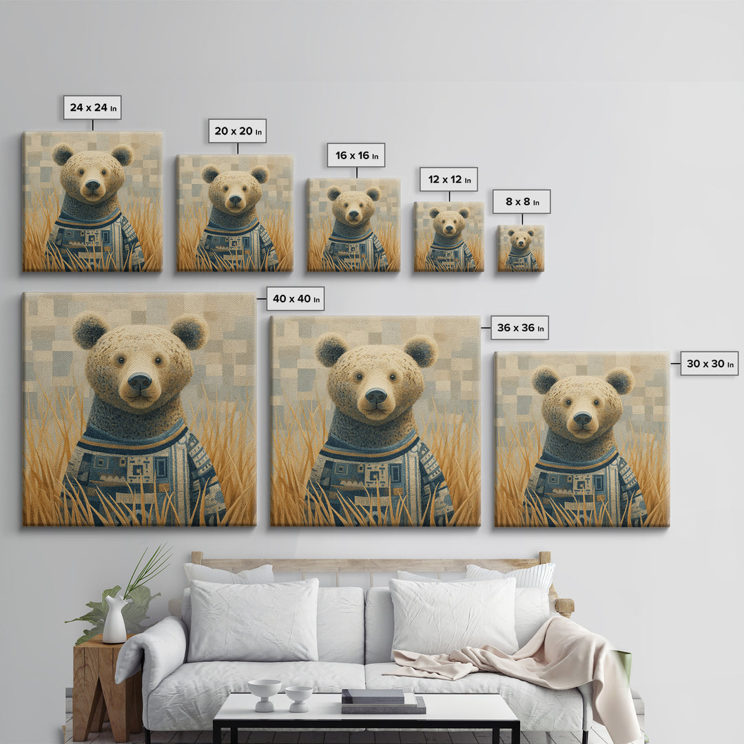 Whimsical Bear in a Patterned Sweater with Framed Canvas Print, Animal Art, Downloadable Art, Living Room Decor, Creature, ANI-1x1-74