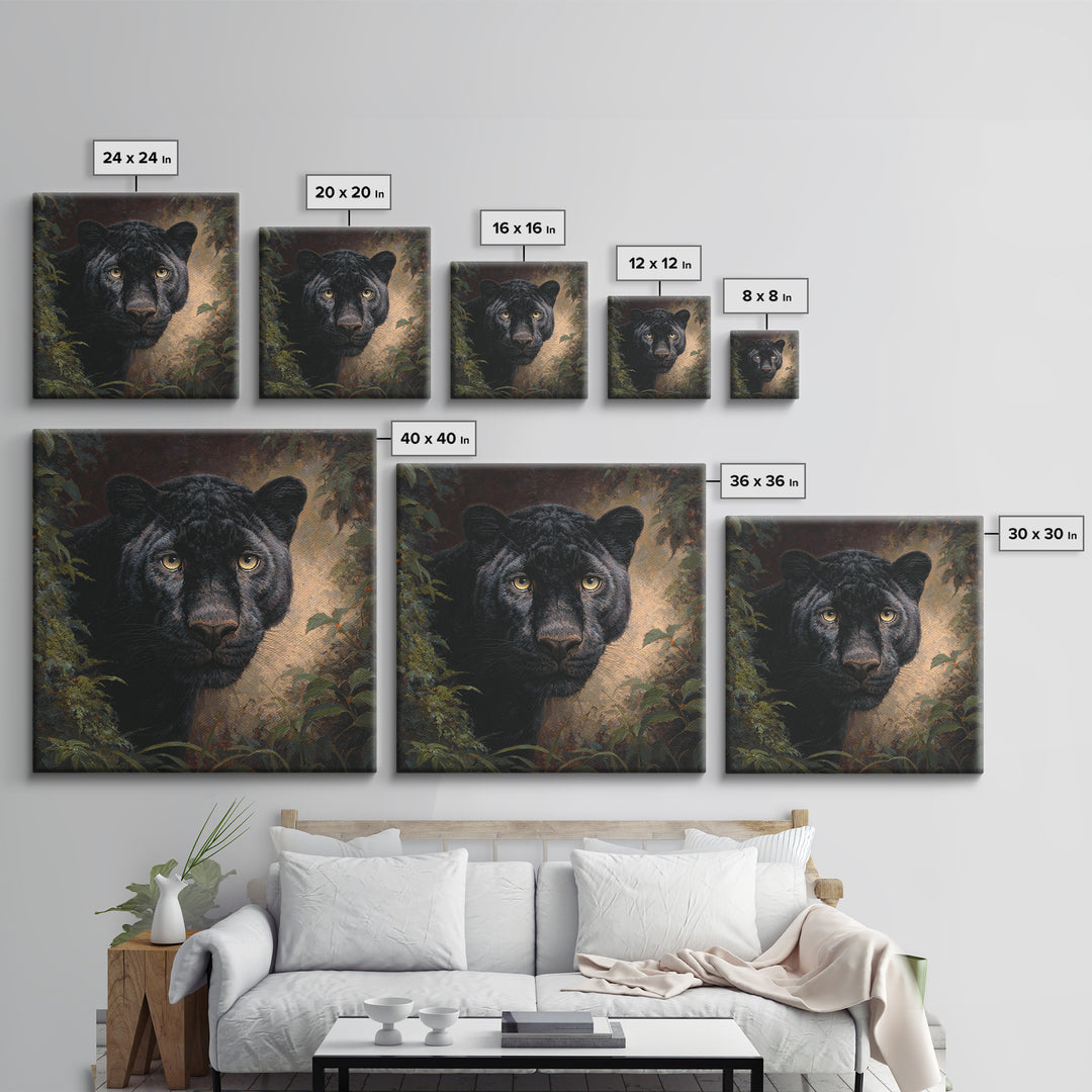 Dramatic Black Panther Emerging from Deep Jungle Framed Canvas Print, Animal Art, Gallery Decor, Living Room Decor, Creature, ANI-1x1-78