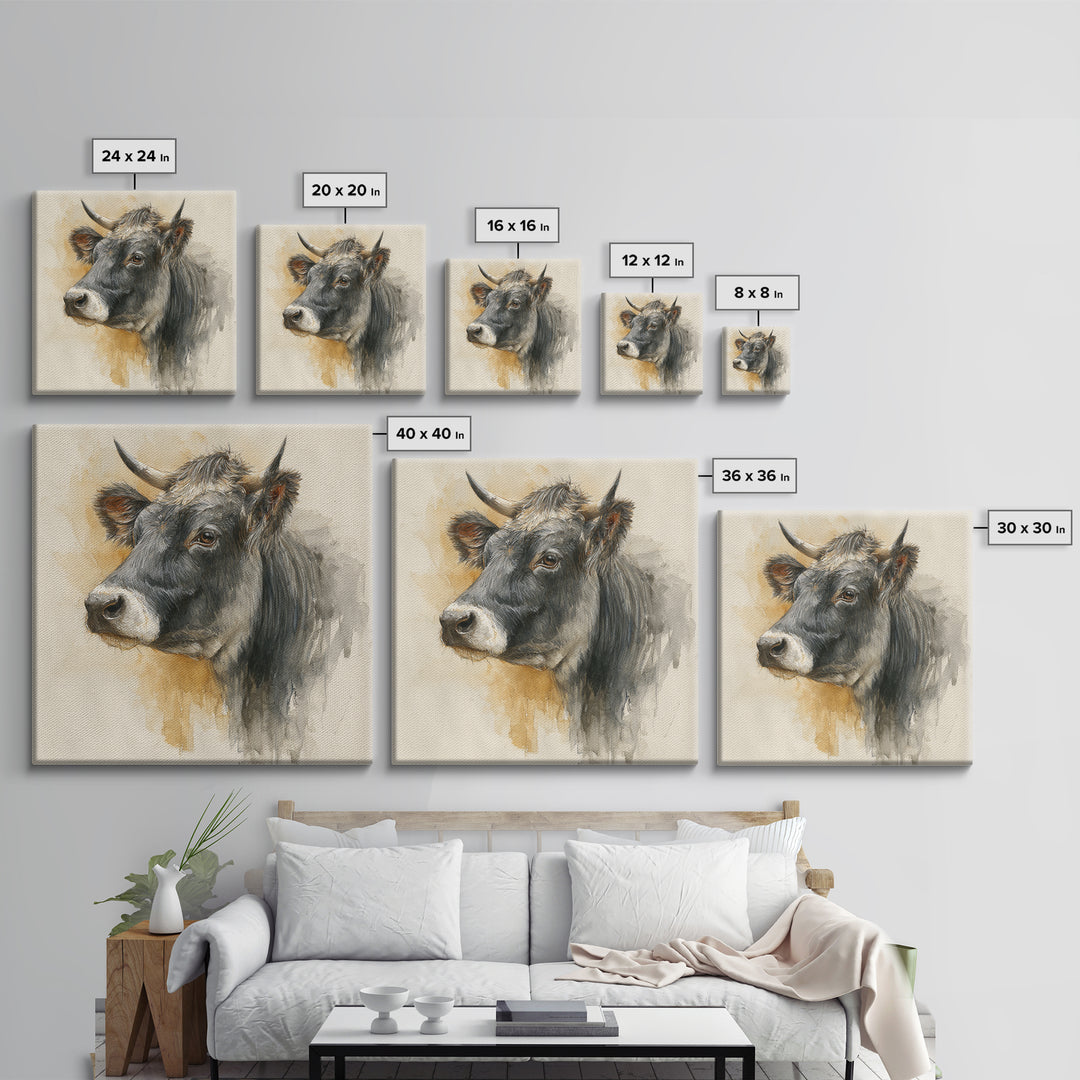 Gentle Cow Portrait Framed Canvas Print, Animal Art, Fine Art Print, Living Room Decor, Fine Art, Creature, Wall Decor, ANI-1x1-79