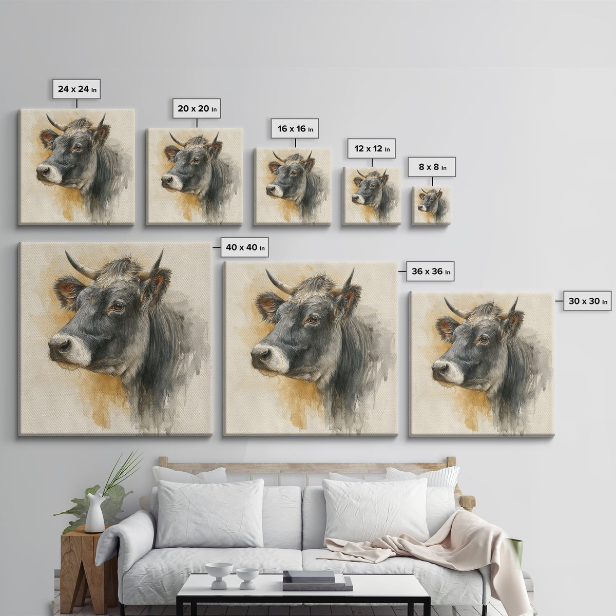 Gentle Cow Portrait Framed Canvas Print, Animal Art, Fine Art Print, Living Room Decor, Fine Art, Creature, Wall Decor, ANI-1x1-79
