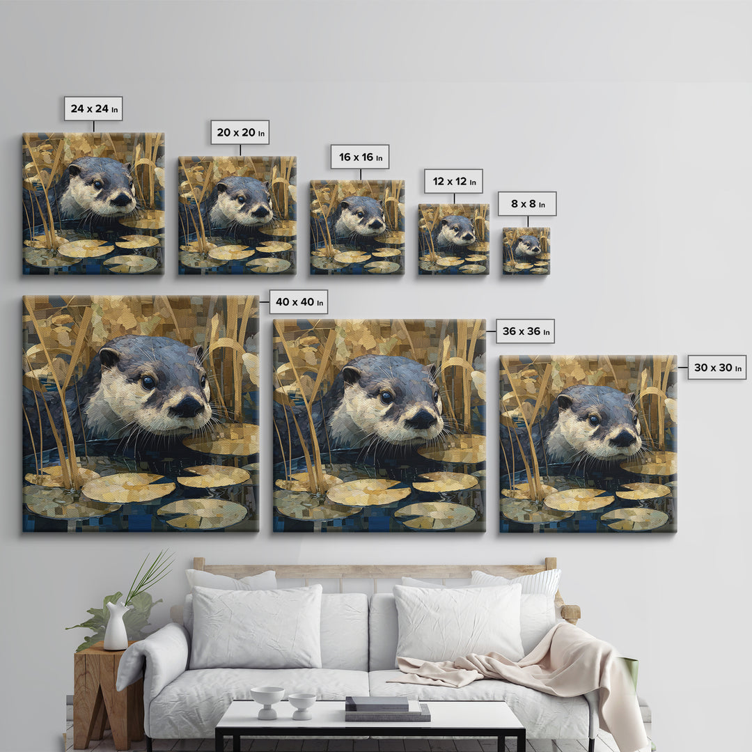 Playful Otter Floating Among Lily Pads Framed Canvas Print, Animal Art, Printable, Living Room Decor, Fine Art, Creature, ANI-1x1-8