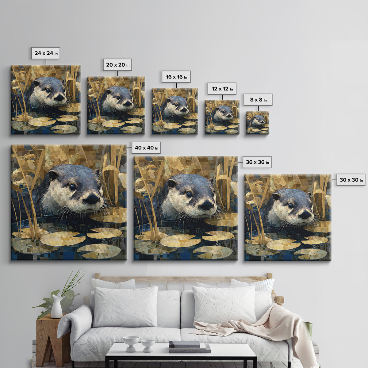 Playful Otter Floating Among Lily Pads Framed Canvas Print, Animal Art, Printable, Living Room Decor, Fine Art, Creature, ANI-1x1-8
