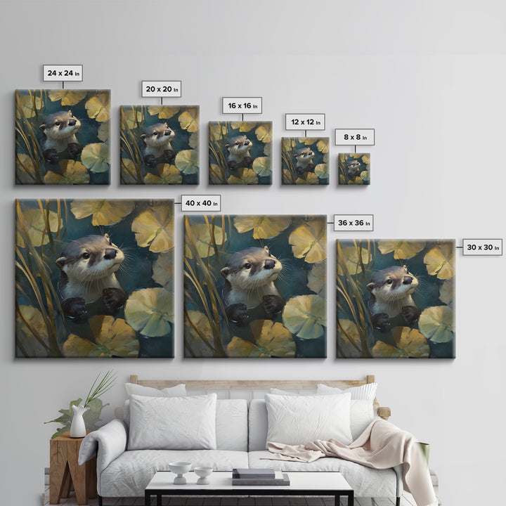 Playful Otter Floating Among Lily Pads Framed Canvas Print, Animal Art, Modern Decor, Living Room Decor, Fine Art, Creature, ANI-1x1-80