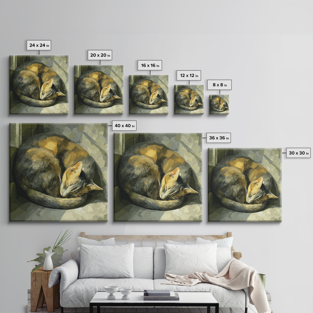 Sleeping Cat Curled Framed Canvas Print, Animal Art, Cat Art, Living Room Decor, Abstract Art, Creature, Art Print, ANI-1x1-84