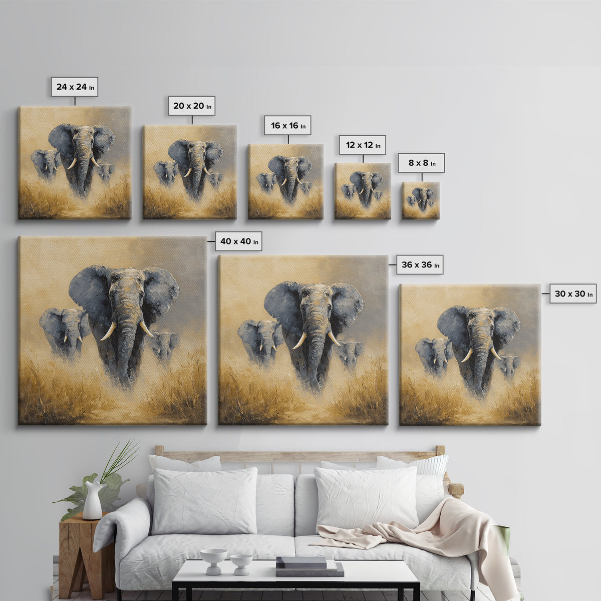 Elephant Family Walking Through Dusty Golden Light Canvas Print, Animal Art, Modern Decor, Living Room Decor, Creature, ANI-1x1-86