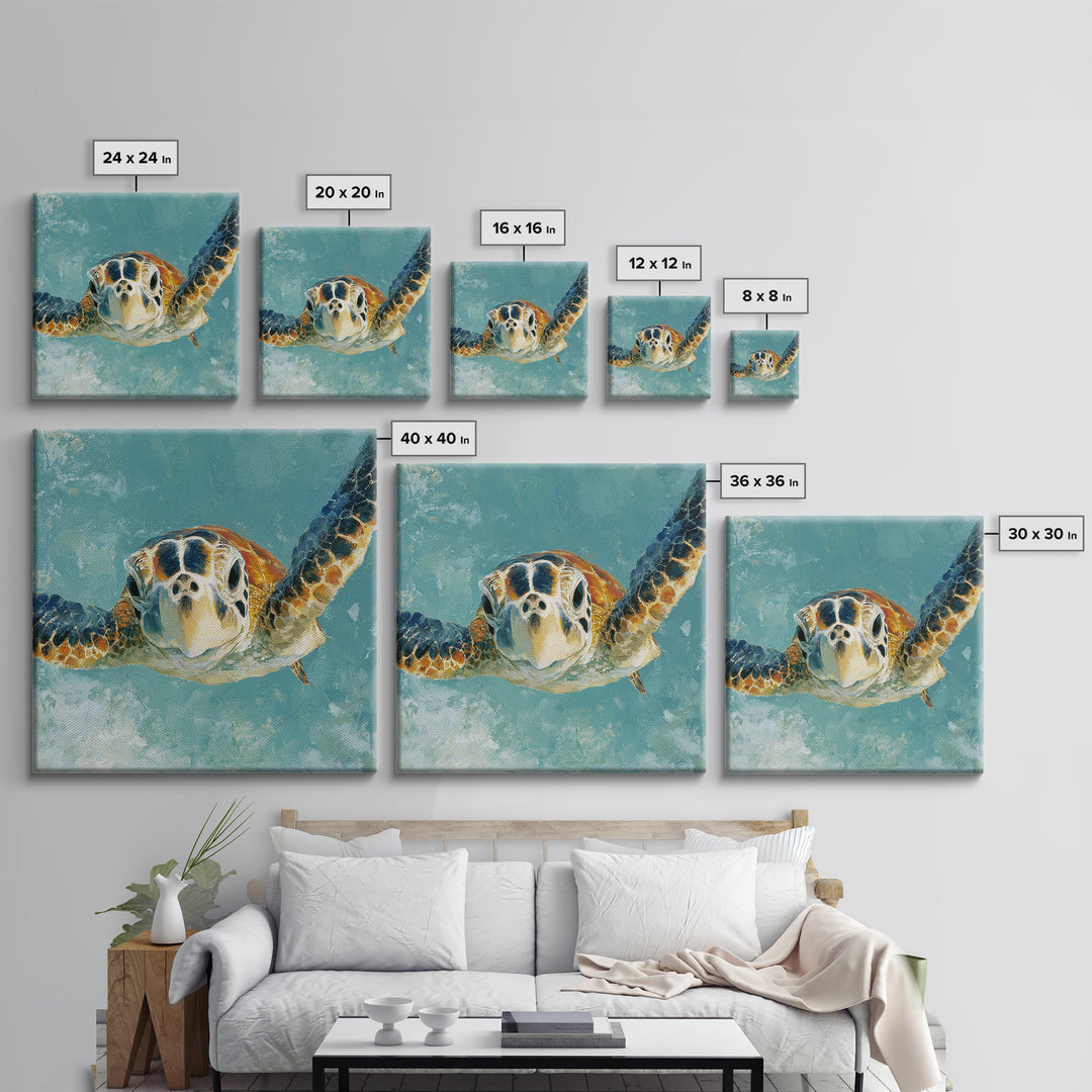 Sea Turtle Drifting Through Luminous Blue Water Canvas Print, Animal Art, Trendy Wall Art, Living Room Decor, Creature, ANI-1x1-90