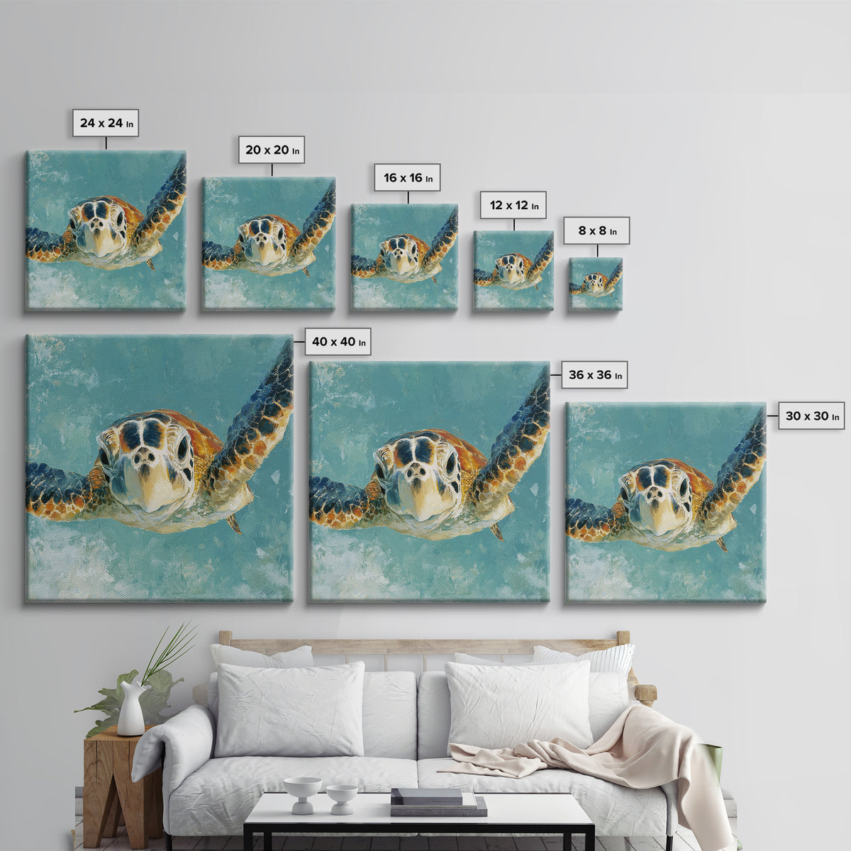 Sea Turtle Drifting Through Luminous Blue Water Canvas Print, Animal Art, Trendy Wall Art, Living Room Decor, Creature, ANI-1x1-90