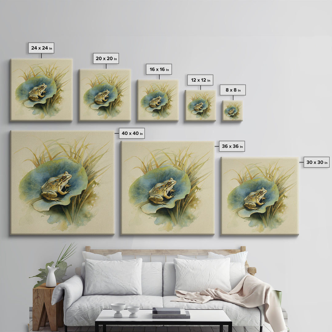 Frog on a Lotus Leaf Canvas Print, Animal Art, Trendy Wall Art, Living Room Decor, Watercolor Art, Creature, Textured Painting, ANI-1x1-92