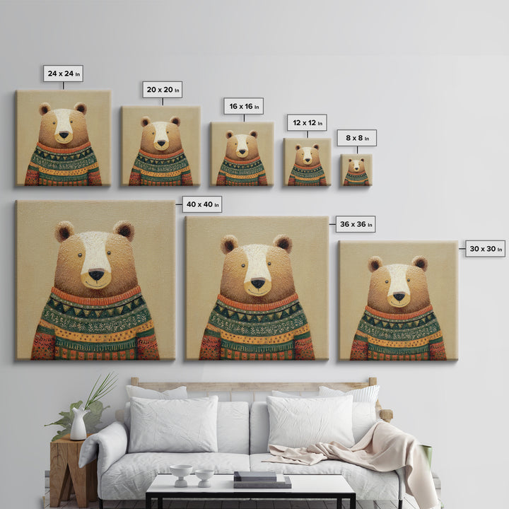 Whimsical Bear in a Patterned Sweater with Canvas Print, Animal Art, Boho Decor, Living Room Decor, Fine Art, Creature, ANI-1x1-98