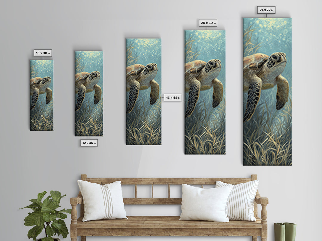 Sea Turtle Drifting Through Luminous Blue Water Canvas Print, Animal Art, Modern Wall Art, Living Room Decor, Creature, ANI-1x3-30