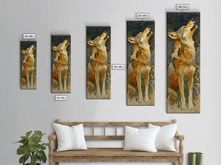 Wolf Silhouette Beneath a Star Filled Sky Framed Canvas Print, Animal Art, Nursery Art, Living Room Decor, Watercolor Art, ANI-1x3-34