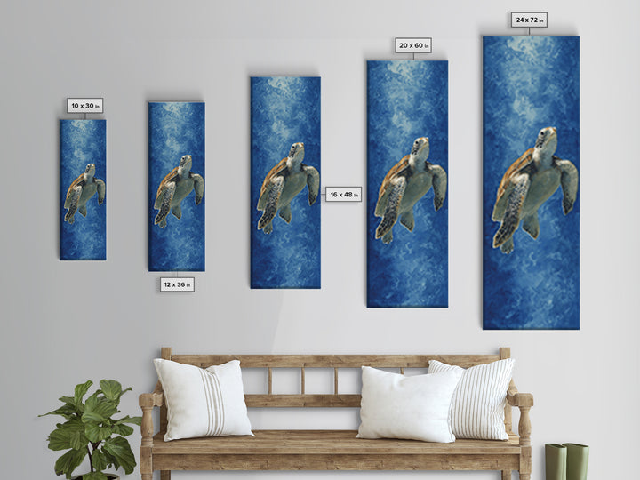 Sea Turtle Drifting Through Luminous Blue Water Canvas Print, Animal Art, Modern Wall Art, Living Room Decor, Creature, ANI-1x3-54