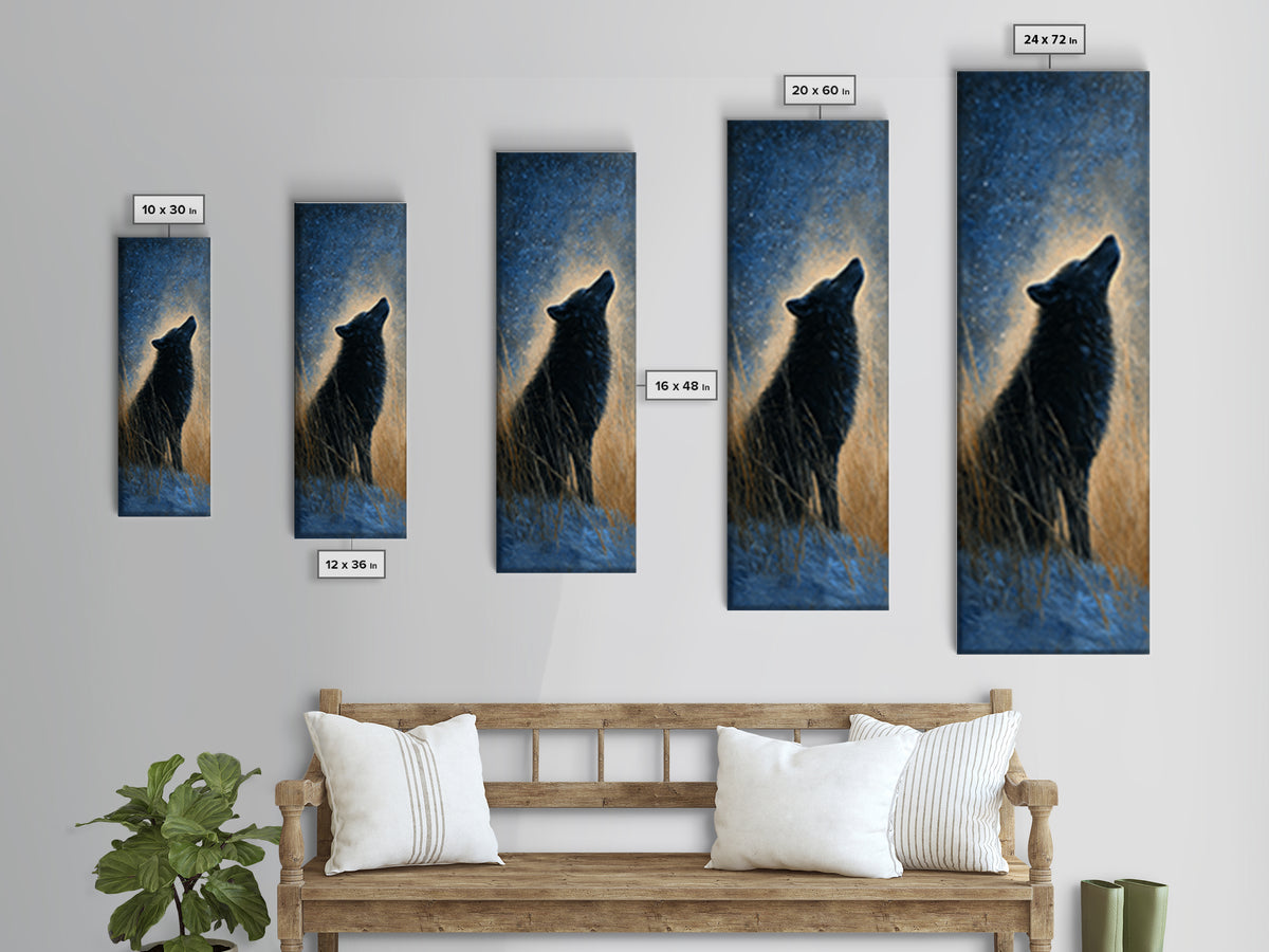 Wolf Silhouette Beneath a Star Filled Sky Framed Canvas Print, Animal Art, Nursery Art, Living Room Decor, Watercolor Art, ANI-1x3-58