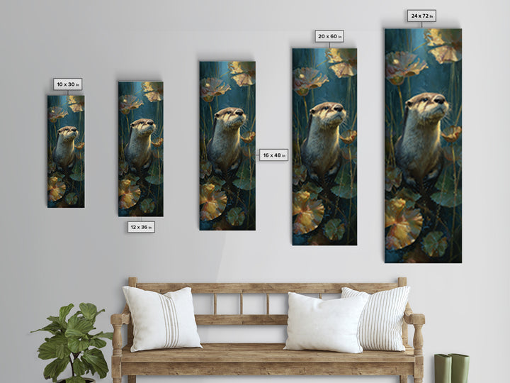 Playful Otter Floating Among Lily Pads Canvas Print, Animal Art, Oil Painting, Living Room Decor, Fine Art, Creature, ANI-1x3-68