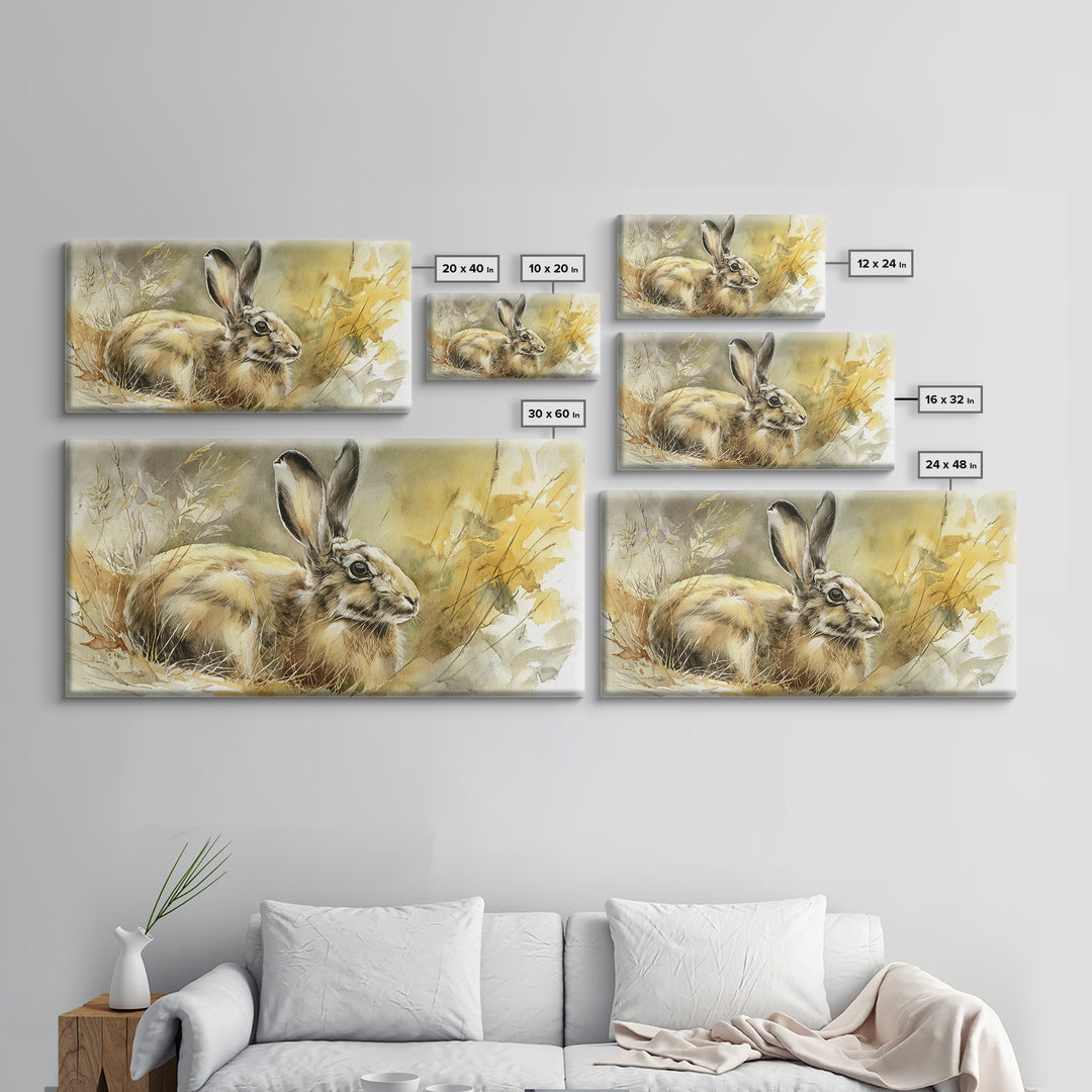 Curious Rabbit in a Soft Watercolor Meadow Framed Canvas Print, Animal Art, Living Room Decor, Oil Painting, Creature, ANI-2x1-1