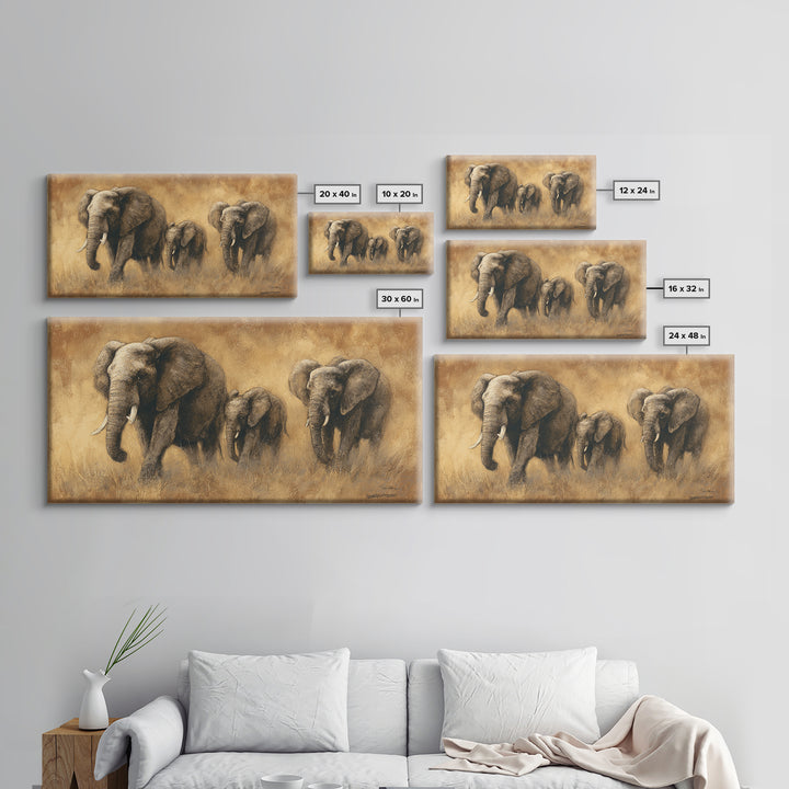 Elephant Family Walking Through Dusty Golden Light Framed Canvas Print, Animal Art, Art Print, Living Room Decor, Creature, ANI-2x1-10