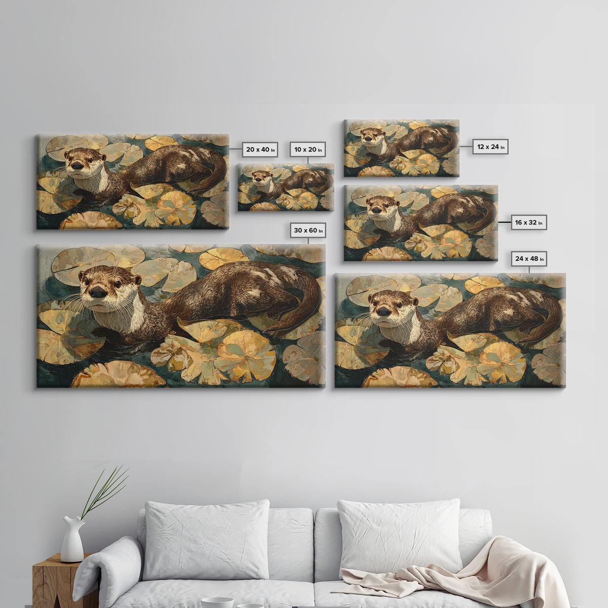 Playful Otter Floating Among Lily Pads Framed Canvas Print, Animal Art, Living Room Decor, Fine Art, Creature, Fine Art Print, ANI-2x1-100
