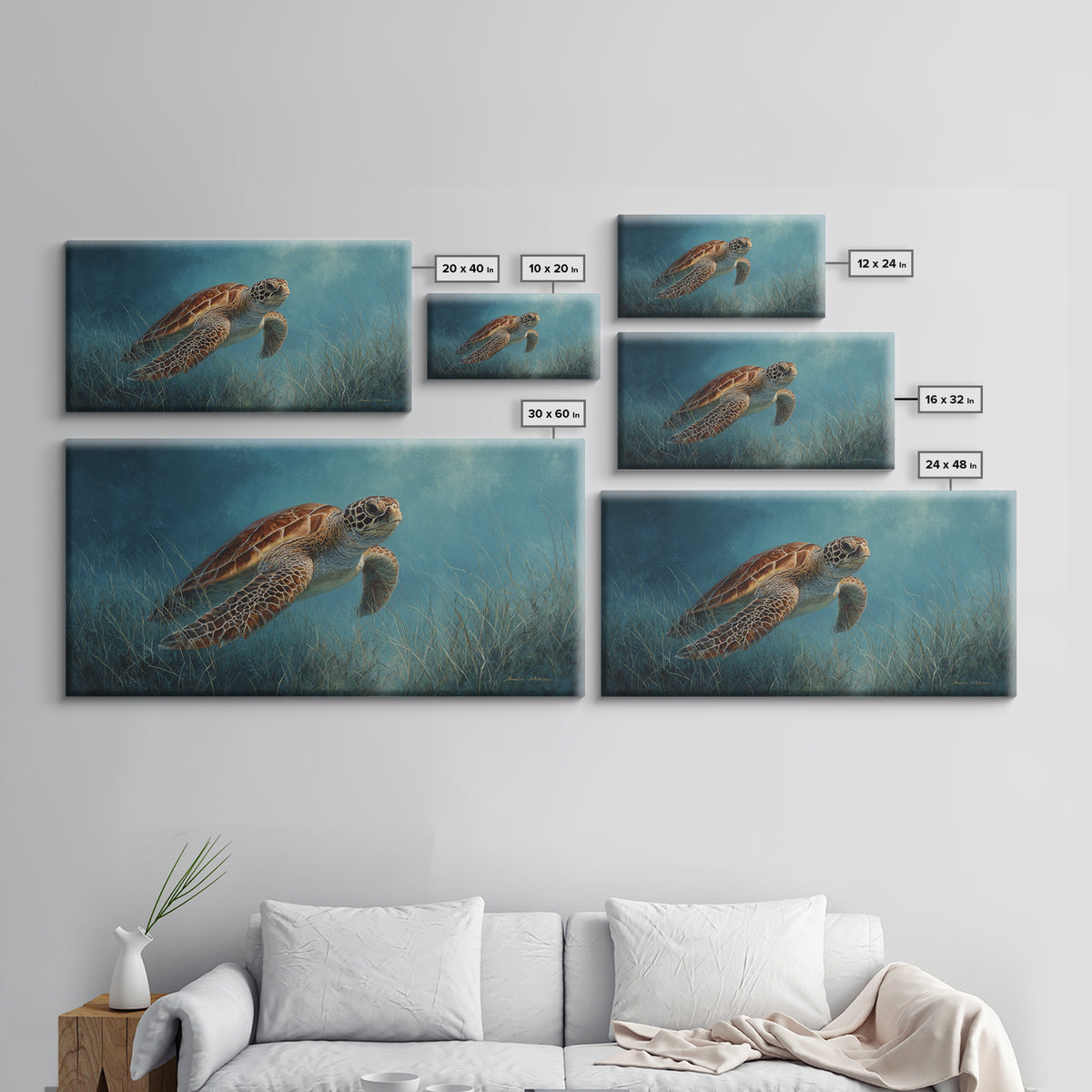 Sea Turtle Drifting Through Luminous Blue Water Canvas Print, Animal Art, Fine Art Print, Living Room Decor, Creature, ANI-2x1-14