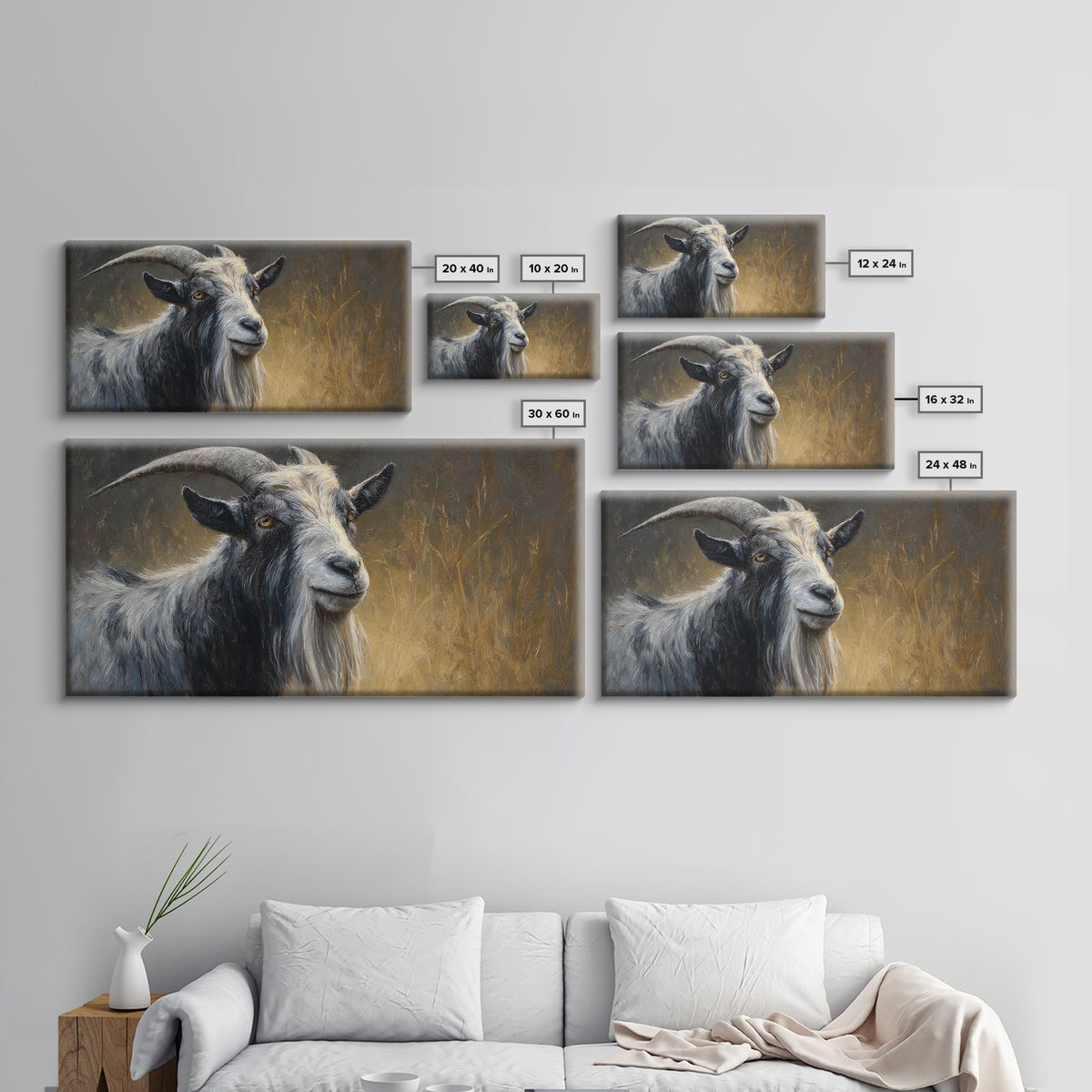Goat Portrait with Rustic Folk Art Personality Canvas Print, Animal Art, Contemporary Art, Living Room Decor, Creature, ANI-2x1-17