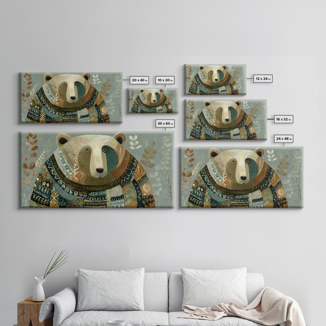 Whimsical Bear in a Patterned Sweater with Canvas Print, Animal Art, Boho Decor, Living Room Decor, Fine Art, Creature, ANI-2x1-22