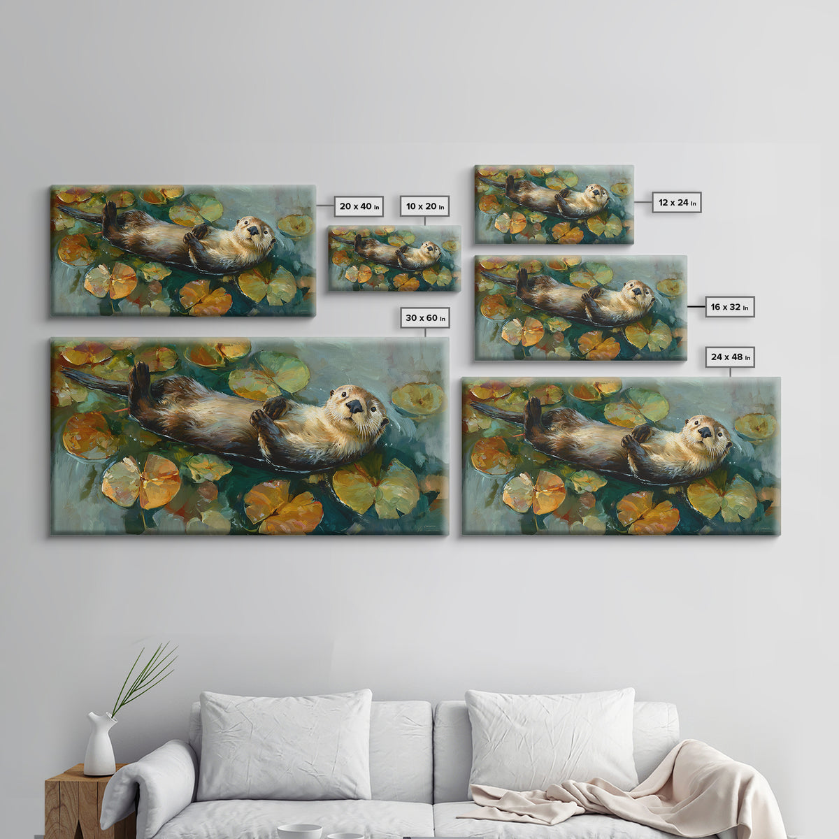 Playful Otter Floating Among Lily Pads Framed Canvas Print, Animal Art, Minimalist Decor, Living Room Decor, Fine Art, Creature, ANI-2x1-28
