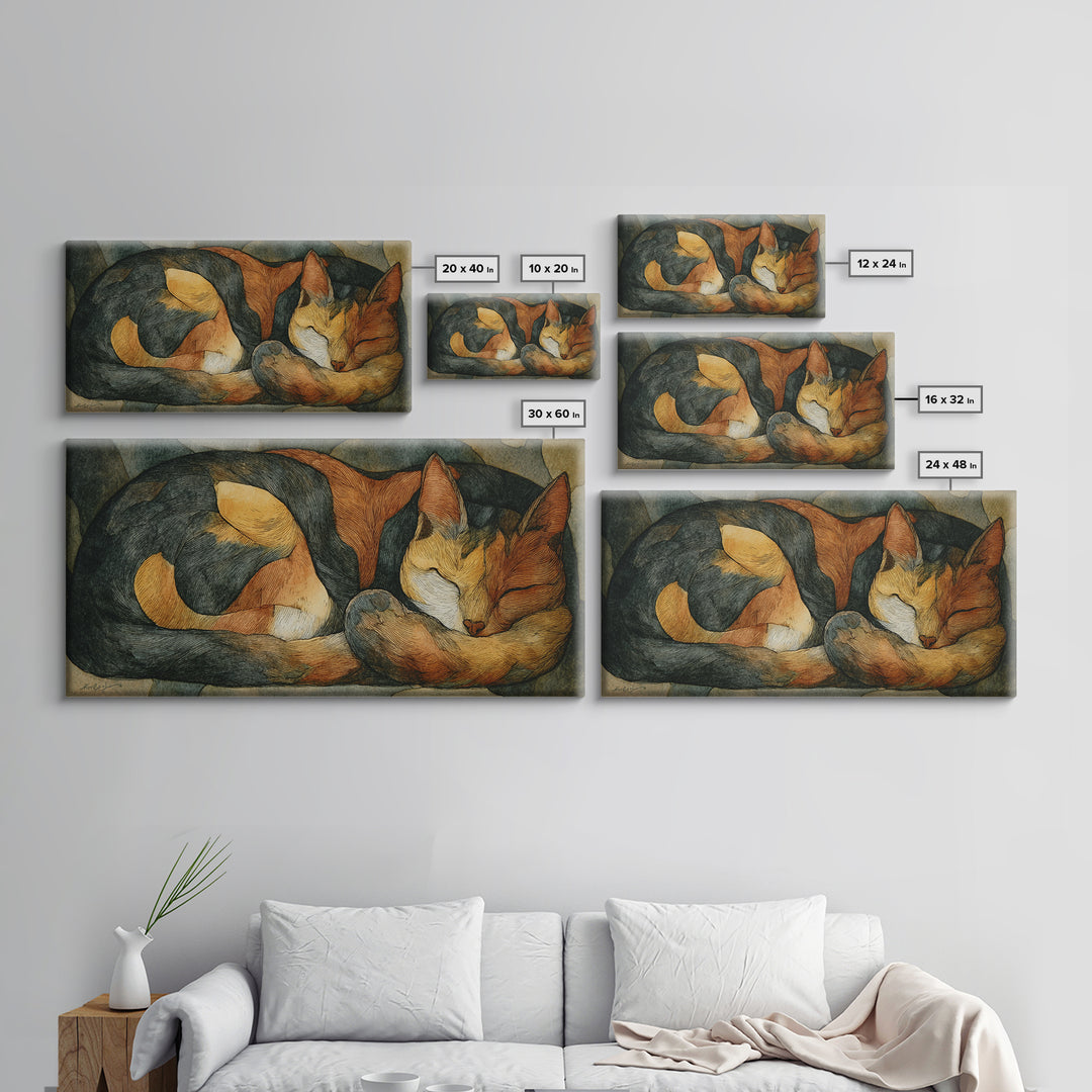 Sleeping Cat Curled Canvas Print, Animal Art, Contemporary Art, Living Room Decor, Oil Painting, Creature, Digital Wall Art, ANI-2x1-32