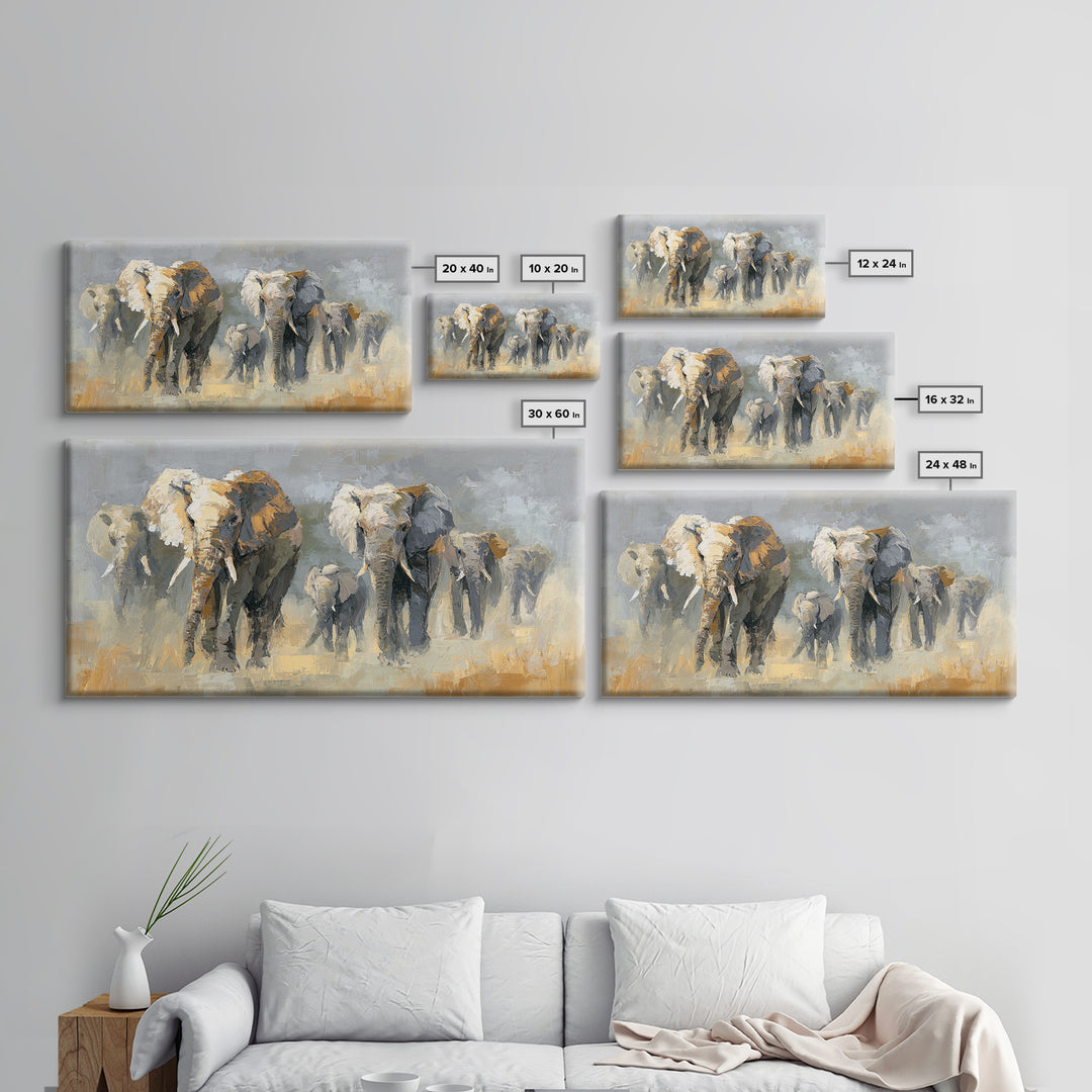 Elephant Family Walking Through Dusty Golden Light Framed Canvas Print, Animal Art, Art Print, Living Room Decor, Creature, ANI-2x1-34