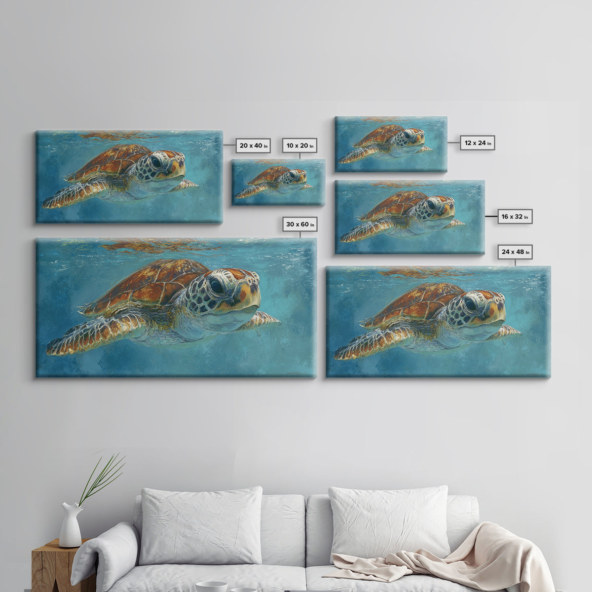 Sea Turtle Drifting Through Luminous Blue Water Canvas Print, Animal Art, Fine Art Print, Living Room Decor, Creature, ANI-2x1-38