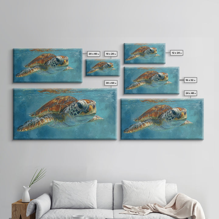 Sea Turtle Drifting Through Luminous Blue Water Canvas Print, Animal Art, Fine Art Print, Living Room Decor, Creature, ANI-2x1-38