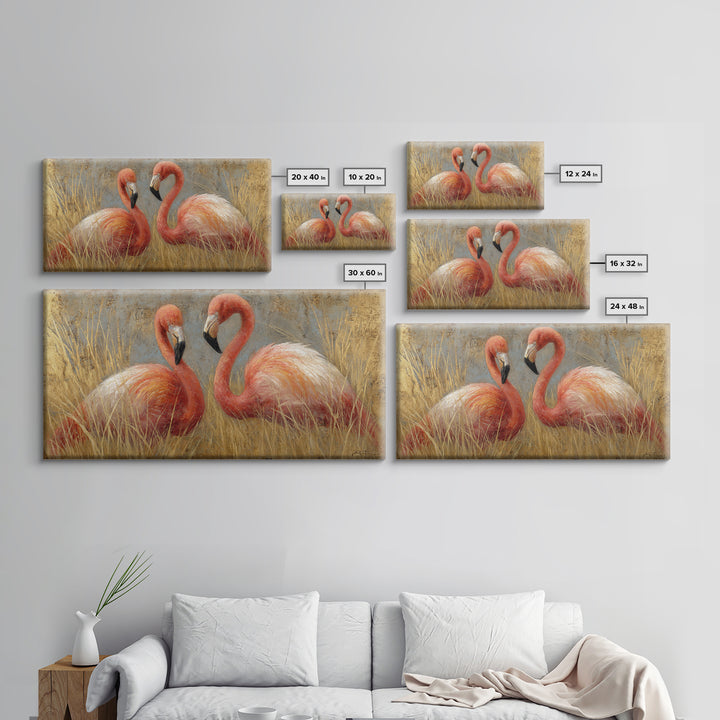 Flamingo Pair in Elegant Coral and Cream Canvas Print, Animal Art, Decor, Living Room Decor, Oil Painting, Creature, ANI-2x1-39