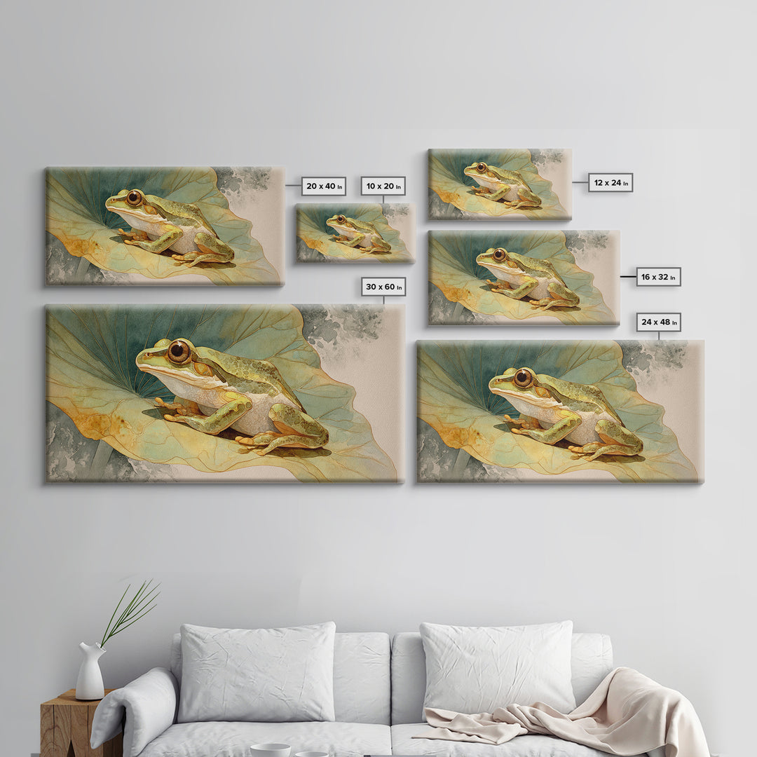 Frog on a Lotus Leaf Framed Canvas Print, Animal Art, Home Decor, Living Room Decor, Fine Art, Creature, Art Deco, Original Art, ANI-2x1-40