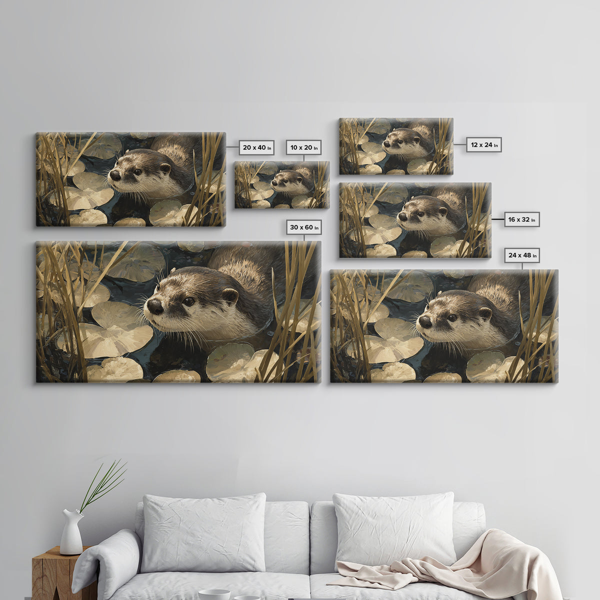 Playful Otter Floating Among Lily Pads Canvas Print, Animal Art, Decor, Living Room Decor, Fine Art, Creature, Digital Print, ANI-2x1-52